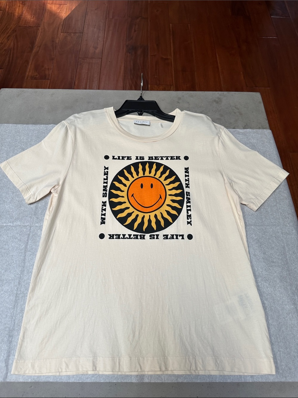 Sandro Cream Short-Sleeve Tee with Orange Smiley Sun Graphic